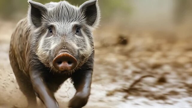 A wild pig runs quickly along a muddy path in a forest during daylight hours