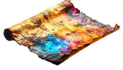 Crumpled, scorched parchment with vibrant blues, oranges, and yellows