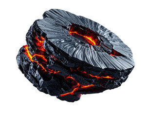 Metallic rock sliced open to reveal fiery, molten core