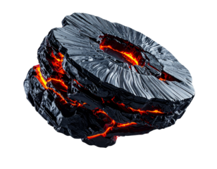 Metallic rock sliced open to reveal fiery, molten core