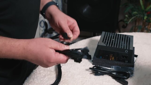 Preparing modular power supply cable before connection, man holds bundled cable with both hands, with power supply unit visible on soft surface in the background

