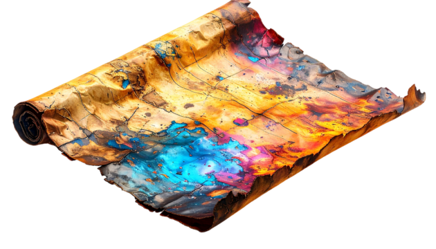 Crumpled, scorched parchment with vibrant blues, oranges, and yellows - Powered by Adobe