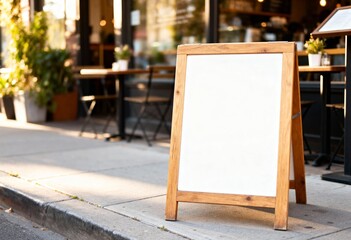 A wooden sandwich board with a blank white surface stands on a pedestrian sidewalk outside a cozy caf&eacute; featuring outdoor seating, soft lighting, and potted plants in the background