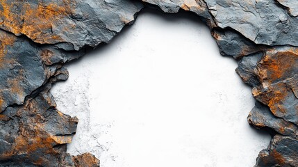 Rugged rocky wall with broken edge and white background