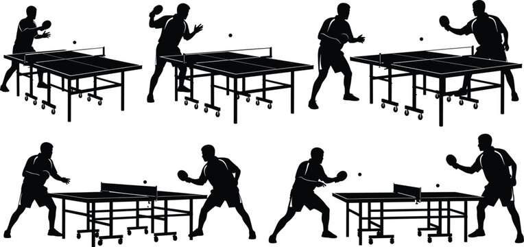 Silhouettes of table tennis players in action poses with paddles, ball, and movable tables for sports vector illustration