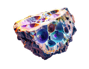 Glowing, cross-section of a surreal rock formation with bioluminescent bubbles