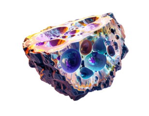 Glowing, cross-section of a surreal rock formation with bioluminescent bubbles