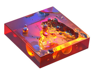 A translucent cube with abstract, colorful liquids and spheres inside