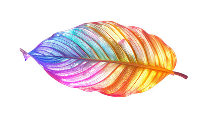 A single, iridescent leaf displays a spectrum of vibrant colors on black