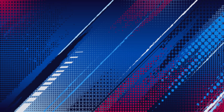 Sport background with dynamic halftone pattern in red and blue - abstract grunge texture with diagonal brush strokes, geometric gradients and energetic speed effects for athletic sporty poster design