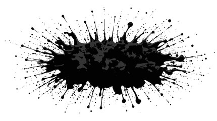 Fototapeta premium A black ink splatter effect with many small droplets and tendrils radiating outwards from a central mass.