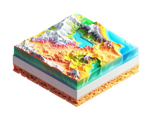 Isometric cross-section reveals mountain range, lake, ocean, & layers of earth