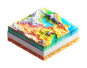 Isometric cross-section reveals mountain range, lake, ocean, & layers of earth