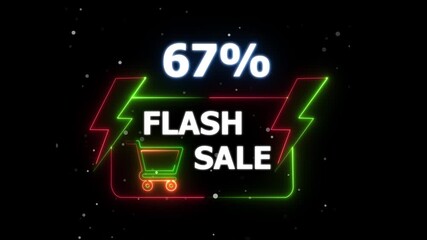Green and Red neon sign promoting a neon flash sale with a bold 67% discount  flash sale banner with neon light effect. Perfect online promotions, marketing campaigns .Flash Sale Discount 67% Neon 