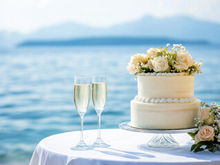 Elegant wedding cake decorated with flowers sits beside two champagne glasses on a table by the water. The setting sun casts a warm glow over the tranquil ocean landscape.