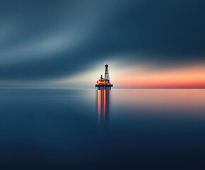 Oil rig stands tall against a serene ocean backdrop during twili