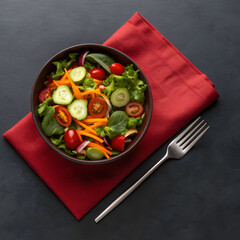 side close view of veggie salad on red napkin