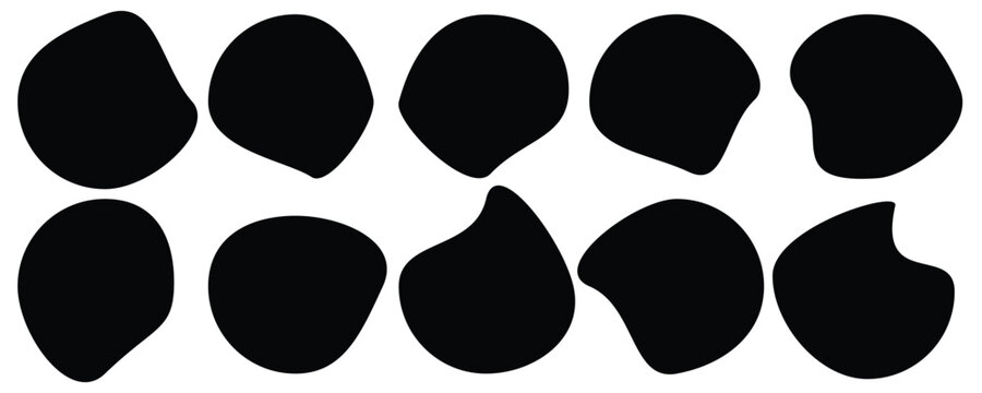 Abstract black irregular blob shapes set. Organic random liquid forms in flat style. Organic blob shape isolated on white background. An arrangement of black organic shapes.