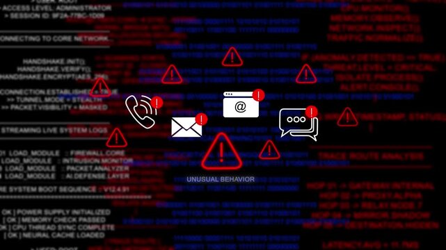 Unusual network behavior alert warning. Cybersecurity defense and secure digital systems protection against cyberattacks. urgent threat notification concept with glowing red hazard