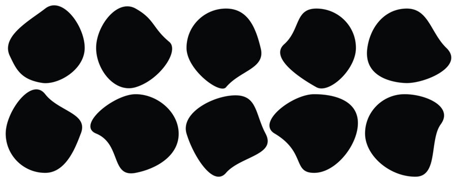Abstract black irregular blob shapes set. Organic random liquid forms in flat style. Organic blob shape isolated on white background. An arrangement of black organic shapes.