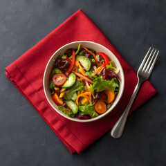 side close view of veggie salad on red napkin