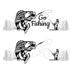 Perch Jumping Chasing a Fishing Lure. Fisherman With Fishing Rod On Nature Landscape. Monochrome Vector Illustration