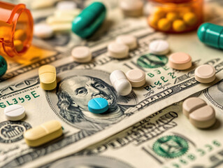 Prescription drugs scattered on currency notes in a close-up vie