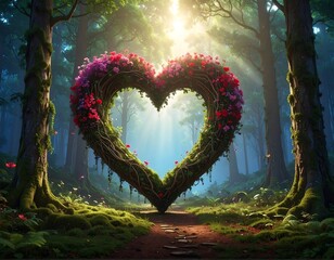 Heart-shaped floral arch in a mystical sunlit forest
