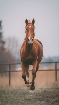 Chestnut Horse Galloping Directly Towards Camera on a Dirt Track by a Wooden Fence. Power and Freedom. horse runs toward the camera along a forest path.