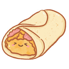Cute breakfast burrito character with a happy face and savory fillings adorable kawaii wrap illustration for food trucks cafe menus and Mexican cuisine branding