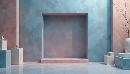 Modern minimalist interior design with pastel blue and pink walls