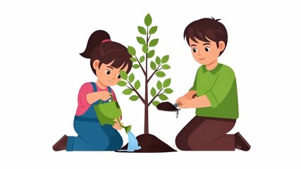 A girl and boy planting a young tree together, nurturing nature, spring outdoor activity for Arbor Day 