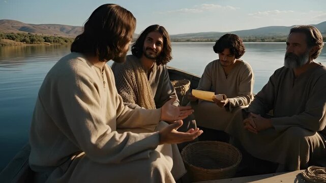 Jesus teaching disciples in boat on lake. Men listen to sermon on water. Ancient christian spiritual scene for religious study.