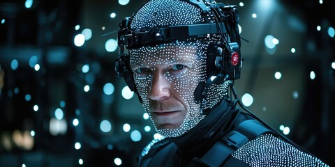 Person wearing facial motion capture suit and headgear, covered in tracking dots, surrounded by glowing lights used for 3D scanning in dark environment. Generative by AI.