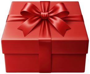 Front view of elegant red gift box with satin bow on transparent background