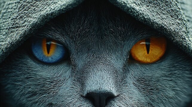 Alt-fashion app icon: heterochromia hood-cat black-bg high-contrast, dark-mode safe, high-CTR alt market boost