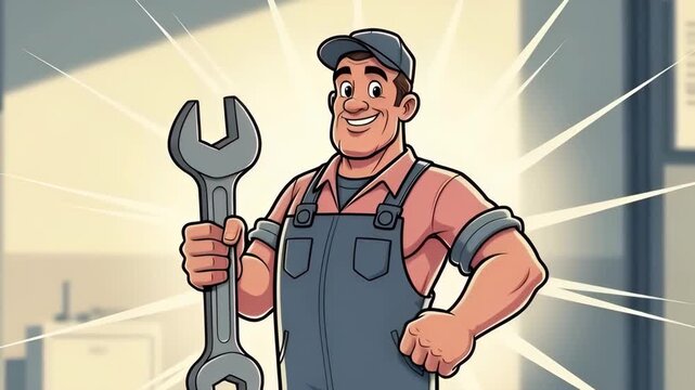 Male mechanic standing, holding a large wrench, then flexing with it, and finally presenting it. Auto repair service concept.