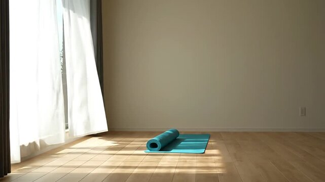 Serene yoga mat in empty room with natural light
