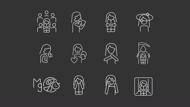 Panic attack animation set. Mental health animated white line icons. Psychological illness symptoms. Social interaction. Isolated elements on dark background. Alpha channel HD video