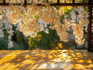 Beautiful white flowers hang gracefully above a warm wooden table, creating soft shadows on the surface. The golden hour sunlight enhances the tranquility of the moment.