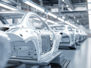 Metal car frames are lined up in a modern factory assembly line. Workers oversee the manufacturing process during the day in a well-lit industrial setting.