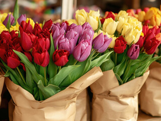 Brightly colored tulips in red, purple, and yellow are beautifully arranged in brown paper wraps at a bustling local market, showcasing a variety of fresh flowers for sale.