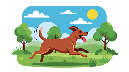Flat vector illustration of a happy dog running in a green city park, playful pet activity scene with trees, grass, and joyful movement in clean solid color style