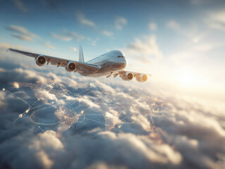 Airplane soaring above clouds during sunset with digital connect