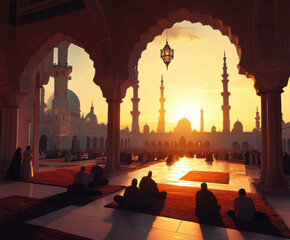 Sunset prayer gathering at a mosque with silhouettes against a v