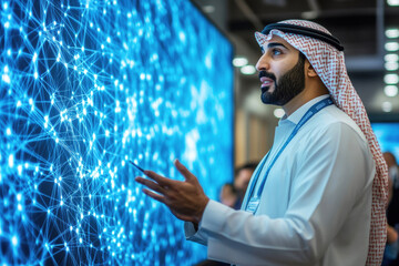 A professional in traditional attire interacts with an informative digital display at a technology conference in Dubai. He appears engaged while examining the visuals presented.