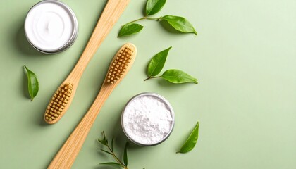 Bamboo toothbrushes with baking soda powder, kaolin, or white mineral toothpowder for teeth whitening on an olive green backdrop with copy space