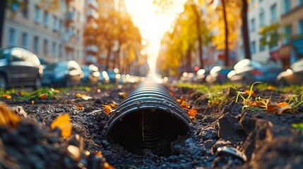 Excavation scene featuring a freshly dug trench with a black drainage pipe in urban setting