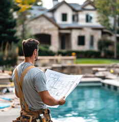 Builder reviewing architectural plans by the poolside of a moder