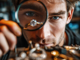 Jeweler examines diamond ring through magnifying glass in worksh